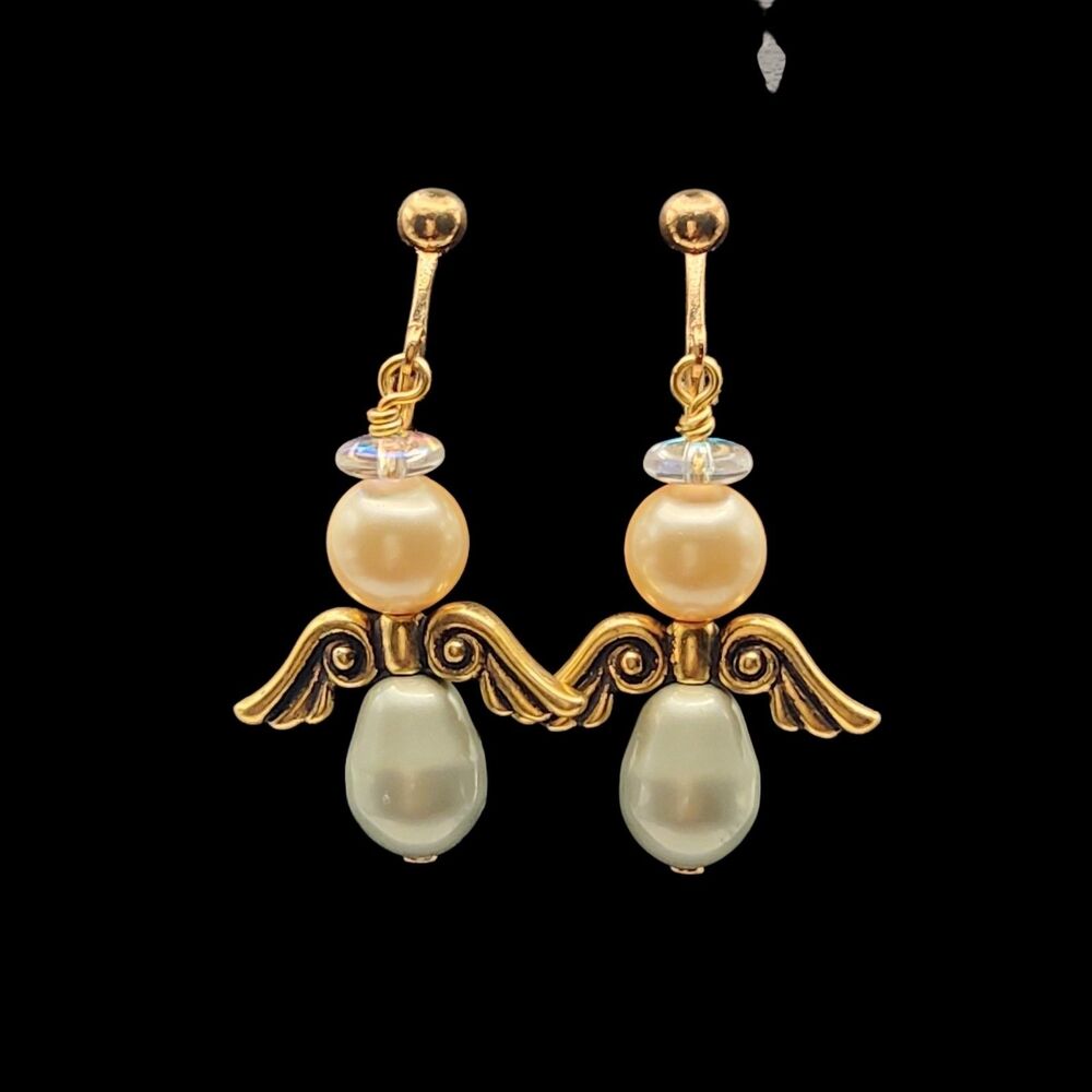 Holiday Angel Clip On Earrings Faux Pearl Angel Gold Wings  P